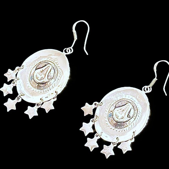 🆕Vintage Sterling Silver Cowboy Hat Earrings w Dangling Stars Western Dangles - Picture 1 of 4